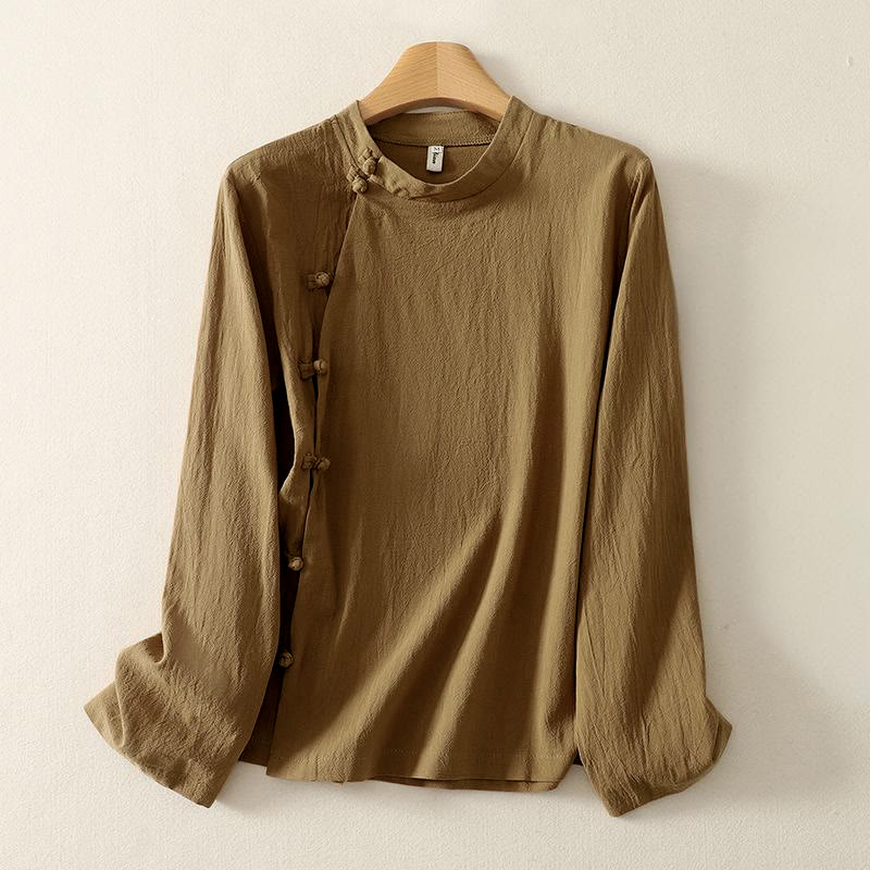 Buddha Stonesアシンメトリーフロントフロッグボタン長袖レディースコットンシャツ - image 1