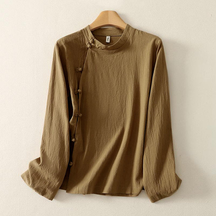 Buddha Stonesアシンメトリーフロントフロッグボタン長袖レディースコットンシャツ - image 1