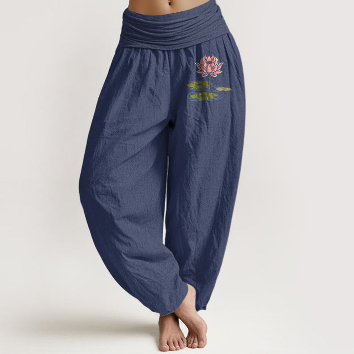 Buddha Stones純綿 蓮の花の葉柄 レディース 伸縮性ウエスト ハーレムパンツ - ダークスレートブルー - US16、 UK/AU20、 EU48 (3XL) - image 5
