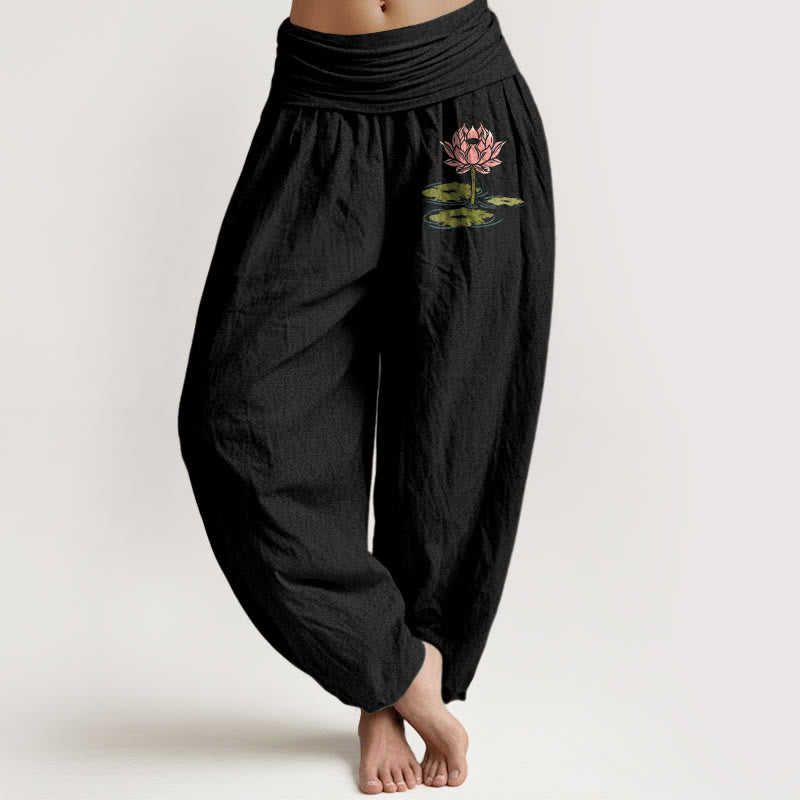 Buddha Stones純綿 蓮の花の葉柄 レディース 伸縮性ウエスト ハーレムパンツ - 黒 - US16、 UK/AU20、 EU48 (3XL) - image 0