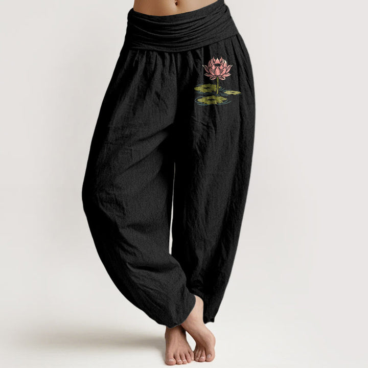 Buddha Stones純綿 蓮の花の葉柄 レディース 伸縮性ウエスト ハーレムパンツ - 黒 - US16、 UK/AU20、 EU48 (3XL) - image 0