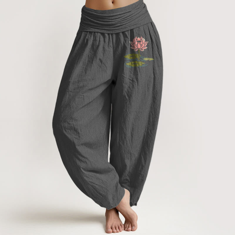 Buddha Stones純綿 蓮の花の葉柄 レディース 伸縮性ウエスト ハーレムパンツ - 薄暗い灰色 - US16、 UK/AU20、 EU48 (3XL) - image 8
