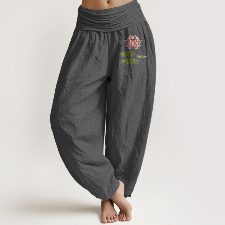 Buddha Stones純綿 蓮の花の葉柄 レディース 伸縮性ウエスト ハーレムパンツ - 薄暗い灰色 - US16、 UK/AU20、 EU48 (3XL) - image 8