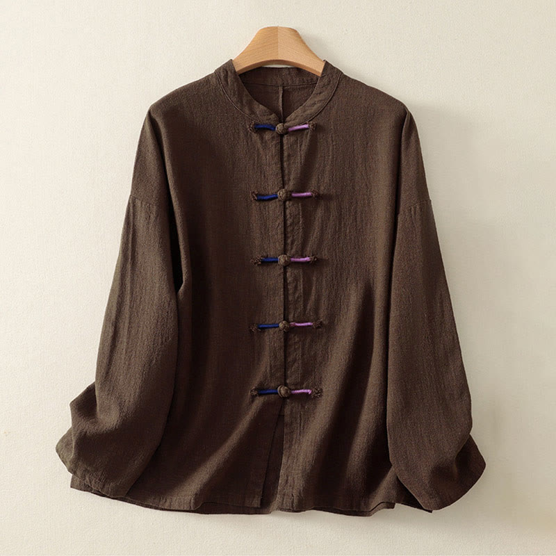 Buddha Stonesプレーンチャイニーズフロッグボタン 長袖 レディース コットンリネン 禅服 シャツ - image 1