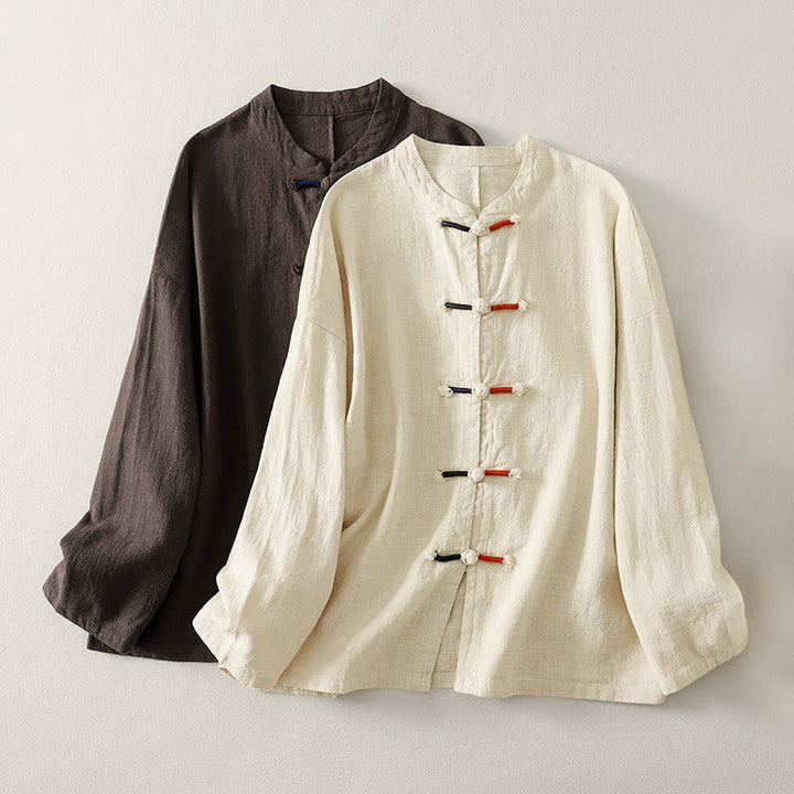 Buddha Stonesプレーンチャイニーズフロッグボタン 長袖 レディース コットンリネン 禅服 シャツ - サドルブラウン - US8-10，UK/AU12-14，EU40-42 (2XL) - image 0