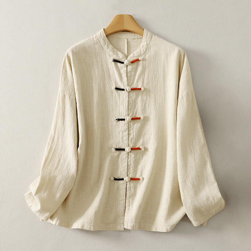 Buddha Stonesプレーンチャイニーズフロッグボタン 長袖 レディース コットン 禅服 シャツ - ベージュ - US8-10，UK/AU12-14，EU40-42 (2XL) - image 6