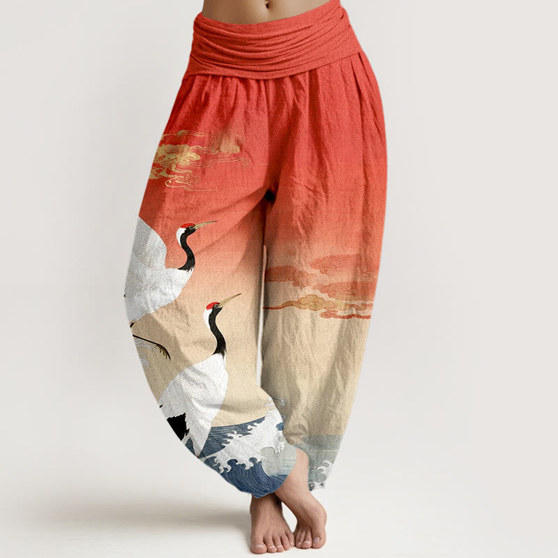Buddha Stones純綿 鶴 吉兆 雲 海 レディース 伸縮性ウエスト ハーレムパンツ - トマト - US16、 UK/AU20、 EU48 (3XL) - image 0