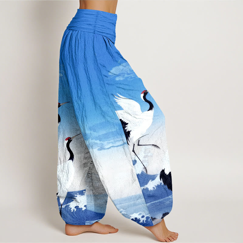 Buddha Stones純綿 鶴 吉兆 雲 海 レディース 伸縮性ウエスト ハーレムパンツ - image 10