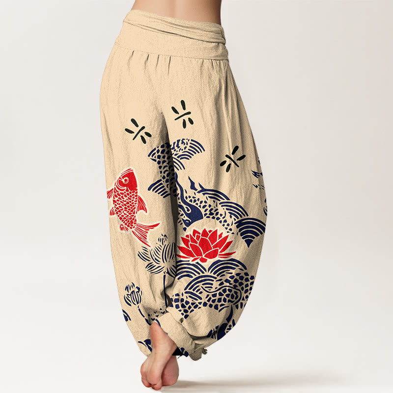 Buddha Stonesピュアコットン鯉の花 海 レディース 伸縮性ウエスト ハーレムパンツ - image 1