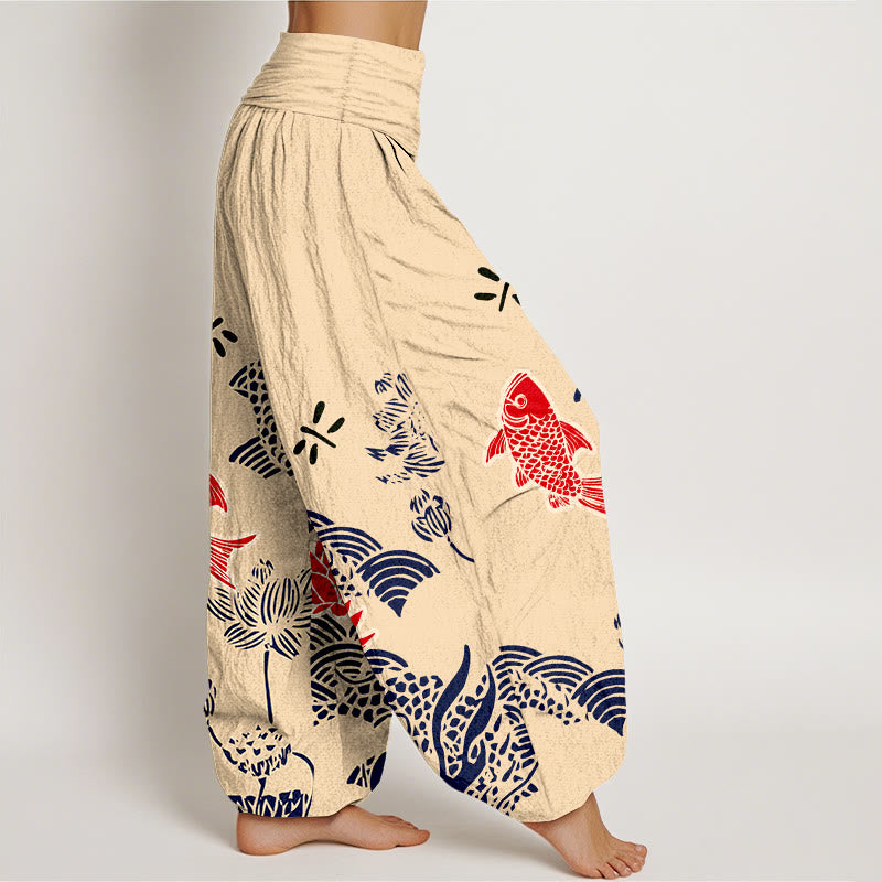 Buddha Stonesピュアコットン鯉の花 海 レディース 伸縮性ウエスト ハーレムパンツ - image 2
