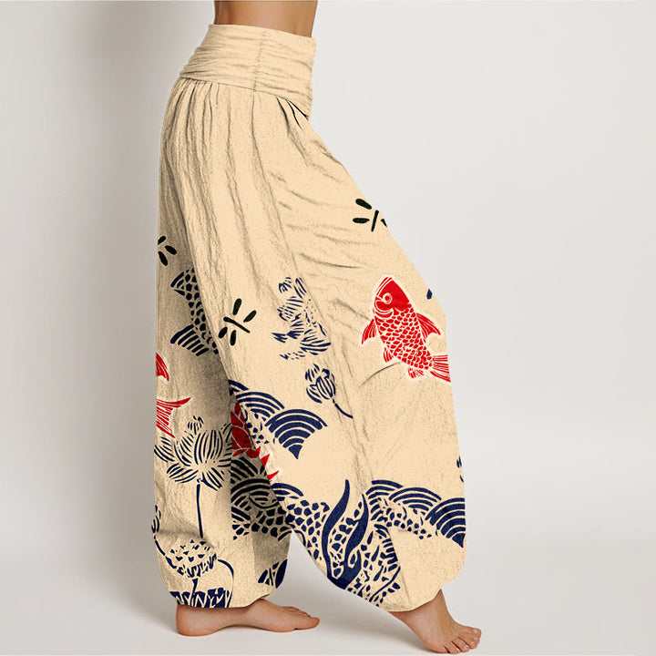 Buddha Stonesピュアコットン鯉の花 海 レディース 伸縮性ウエスト ハーレムパンツ - image 2