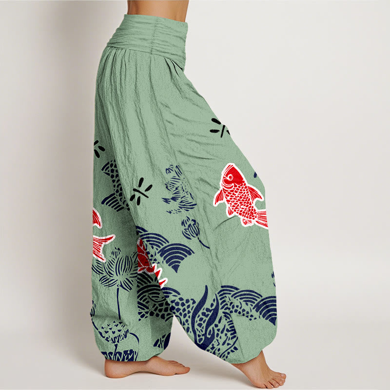 Buddha Stonesピュアコットン鯉の花 海 レディース 伸縮性ウエスト ハーレムパンツ - image 7