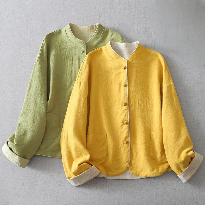 Buddha Stonesレディース 無地ジャカードスタンドカラー 長袖 コットンジャケット ポケット付き - image 4