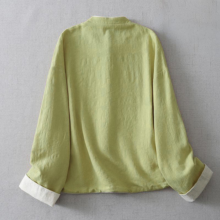 Buddha Stonesレディース 無地ジャカードスタンドカラー 長袖 コットンリネン ジャケット ポケット付き - image 1