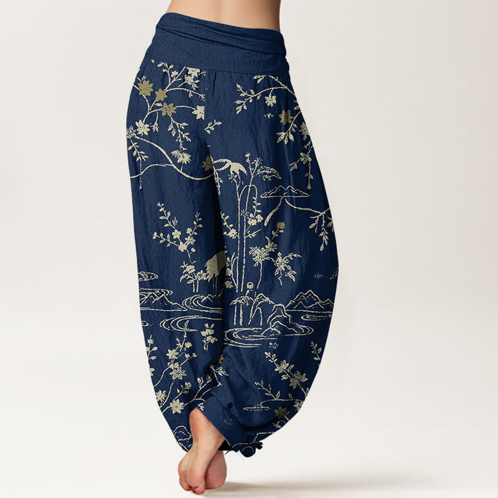 Buddha Stones、鶴、花、木の枝柄プリント、レディース、伸縮性ウエスト、ハーレム、純綿パンツ - image 1
