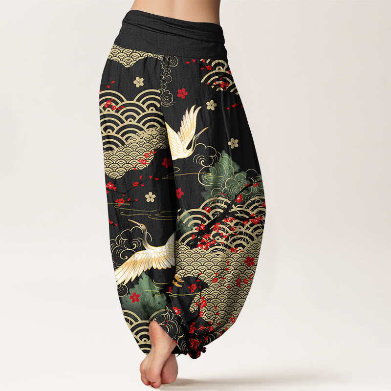 Buddha Stonesプリント 鶴 吉兆 雲 花柄 レディース ウエストゴム ハーレム コットンパンツ - image 1