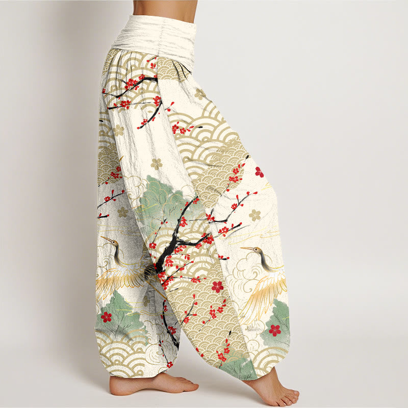 Buddha Stonesプリント 鶴 吉兆 雲 花柄 レディース ウエストゴム ハーレム コットンパンツ - image 10