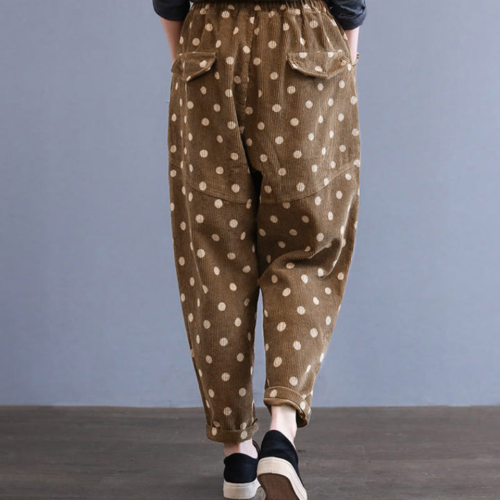 Buddha Stonesレディース 秋冬通勤プリント ドット柄 コーデュロイ ハーレムパンツ ポケット付き - image 6