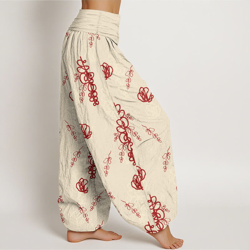 Buddha Stonesプリント 手描き花枝柄 レディース 伸縮性ウエスト ハーレム コットンパンツ - image 2