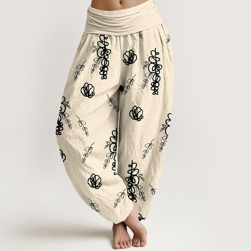 Buddha Stonesプリント 手描き花枝柄 レディース 伸縮性ウエスト ハーレム コットンパンツ - ベージュ＆ブラック - US16、 UK/AU20、 EU48 (3XL) - image 8