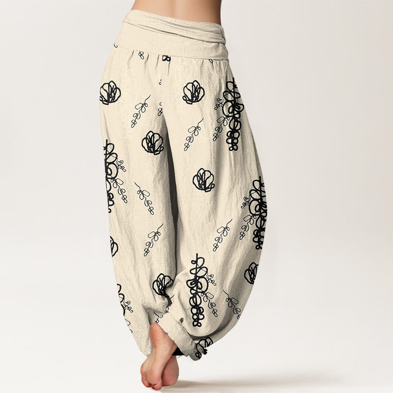 Buddha Stonesプリント 手描き花枝柄 レディース 伸縮性ウエスト ハーレム コットンパンツ - image 9
