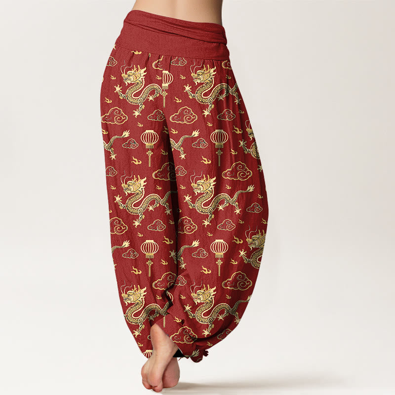 Buddha Stonesプリント龍吉祥雲ランタン柄レディース伸縮性ウエストハーレムコットンパンツ - image 1