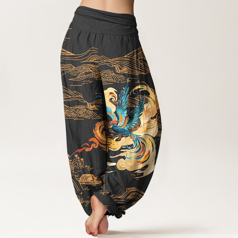 Buddha Stones、鳳凰山、風景模様、レディース、伸縮性ウエスト、ハーレム、純綿パンツ - image 1