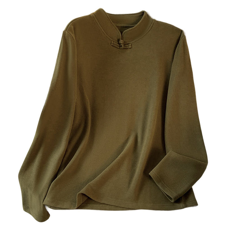 Buddha Stones春の無地スタンドカラーフロッグボタンデザインレディースコットン長袖シャツ - image 23