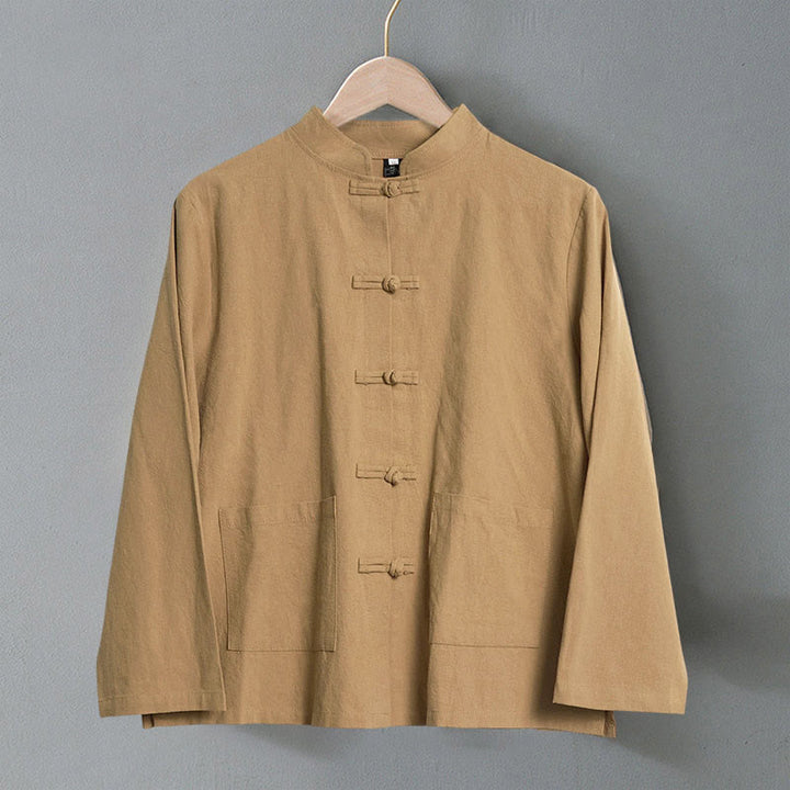 Buddha Stonesエスニック フロッグボタン 長袖 スタンドカラー レディース コットンシャツ ポケット付き - image 1