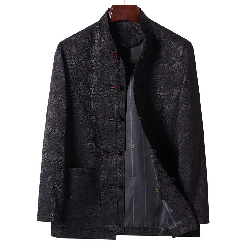Buddha Stones刺繍模様スタンドカラー長袖メンズ唐装ジャケットポケット付き - 黒 - US/UK/AU44、 EU54 (4XL) - image 11
