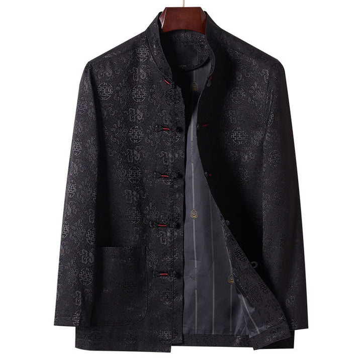 Buddha Stones刺繍模様スタンドカラー長袖メンズ唐装ジャケットポケット付き - 黒 - US/UK/AU44、 EU54 (4XL) - image 11
