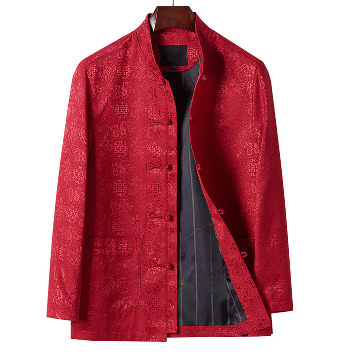 Buddha Stones刺繍模様スタンドカラー長袖メンズ唐装ジャケットポケット付き - 赤 - US/UK/AU44、 EU54 (4XL) - image 0