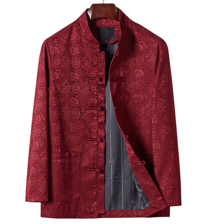 Buddha Stones刺繍模様スタンドカラー長袖メンズ唐装ジャケットポケット付き - ダークレッド - US/UK/AU44、 EU54 (4XL) - image 1