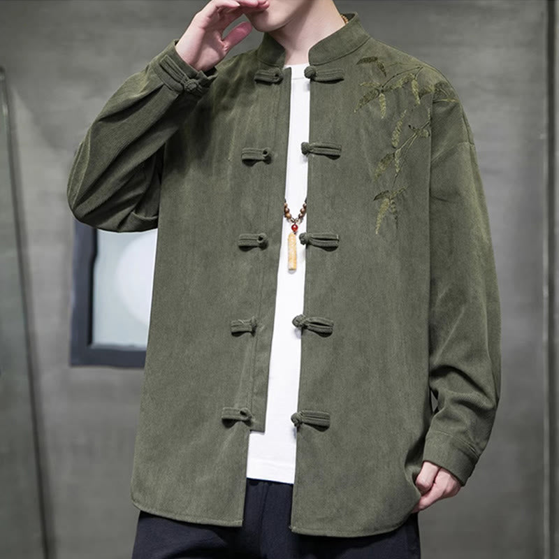 Buddha Stones春中国刺繍竹メンズフロッグボタン長袖コットンコーデュロイジャケット - image 1