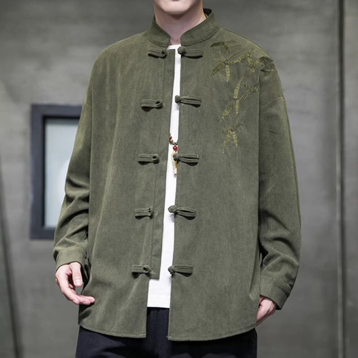 Buddha Stones春の中国刺繍竹メンズフロッグボタン長袖コットンコーデュロイジャケット - image 3