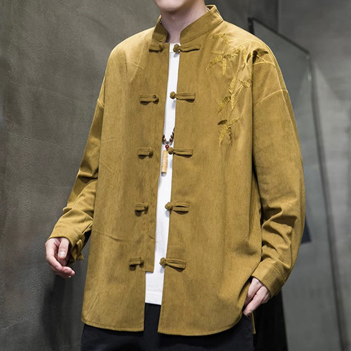 Buddha Stones春の中国刺繍竹メンズフロッグボタン長袖コットンコーデュロイジャケット - image 12