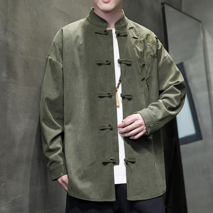 Buddha Stones春中国刺繍竹メンズフロッグボタン長袖コットンコーデュロイジャケット - image 5