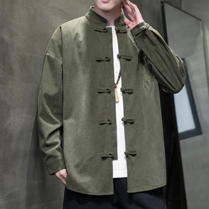 Buddha Stones春の中国刺繍竹メンズフロッグボタン長袖コットンコーデュロイジャケット - image 6