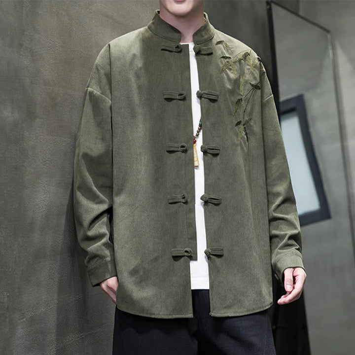 Buddha Stones春の中国刺繍竹メンズフロッグボタン長袖コットンコーデュロイジャケット - image 4