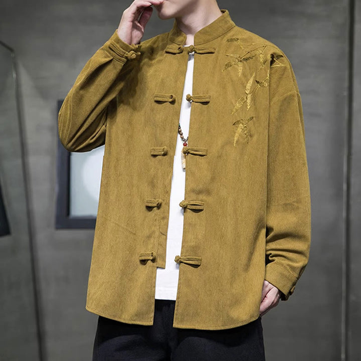 Buddha Stones春の中国刺繍竹メンズフロッグボタン長袖コットンコーデュロイジャケット - image 8
