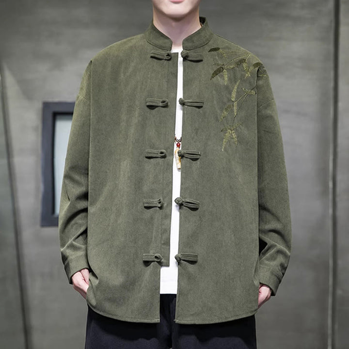 Buddha Stones春の中国刺繍竹メンズフロッグボタン長袖コットンコーデュロイジャケット - オリーブドラブ - US/UK/AU48、 EU58(5XL) - image 0