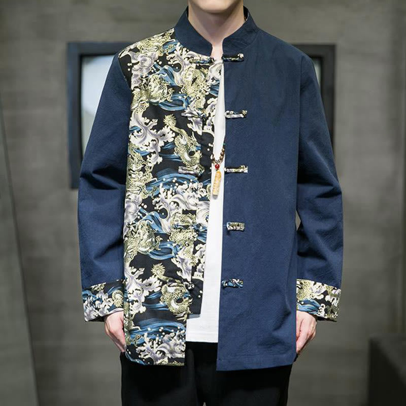 Buddha Stonesプリントカラーコントラストドラゴン柄フロッグボタン長袖メンズコットンジャケット - image 23