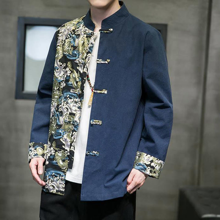 Buddha Stonesプリントカラーコントラストドラゴン柄フロッグボタン長袖メンズコットンジャケット - image 22