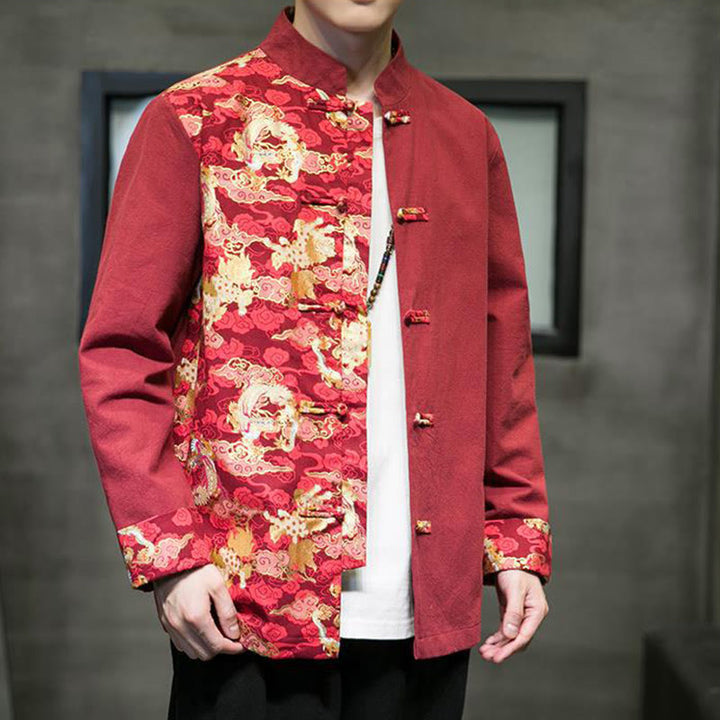 Buddha Stonesプリントカラーコントラストドラゴン柄フロッグボタン長袖メンズコットンジャケット - image 3