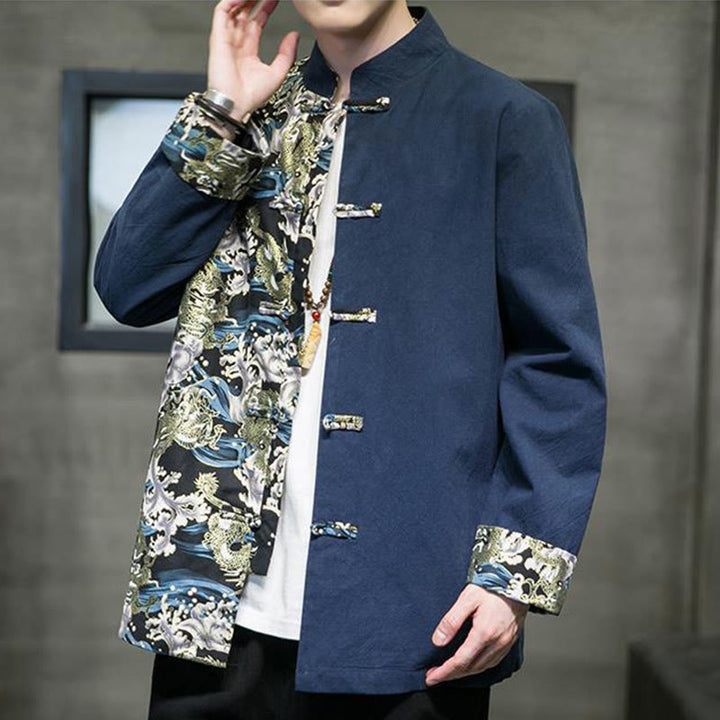 Buddha Stonesプリントカラーコントラストドラゴン柄フロッグボタン長袖メンズコットンジャケット - image 24