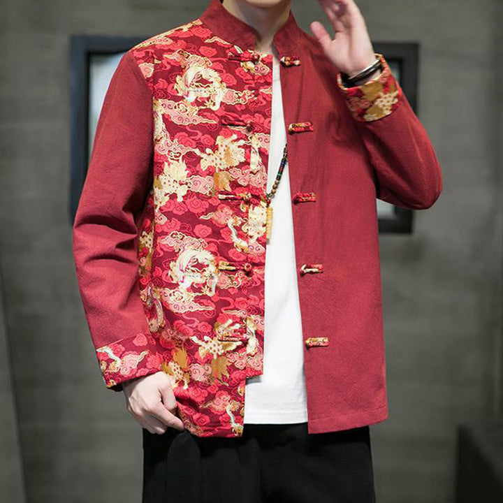 Buddha Stonesプリントカラーコントラストドラゴン柄フロッグボタン長袖メンズコットンジャケット - image 5