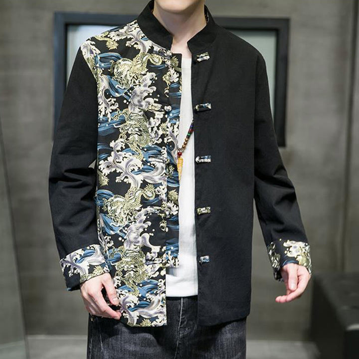 Buddha Stonesプリントカラーコントラストドラゴン柄フロッグボタン長袖メンズコットンジャケット - image 13