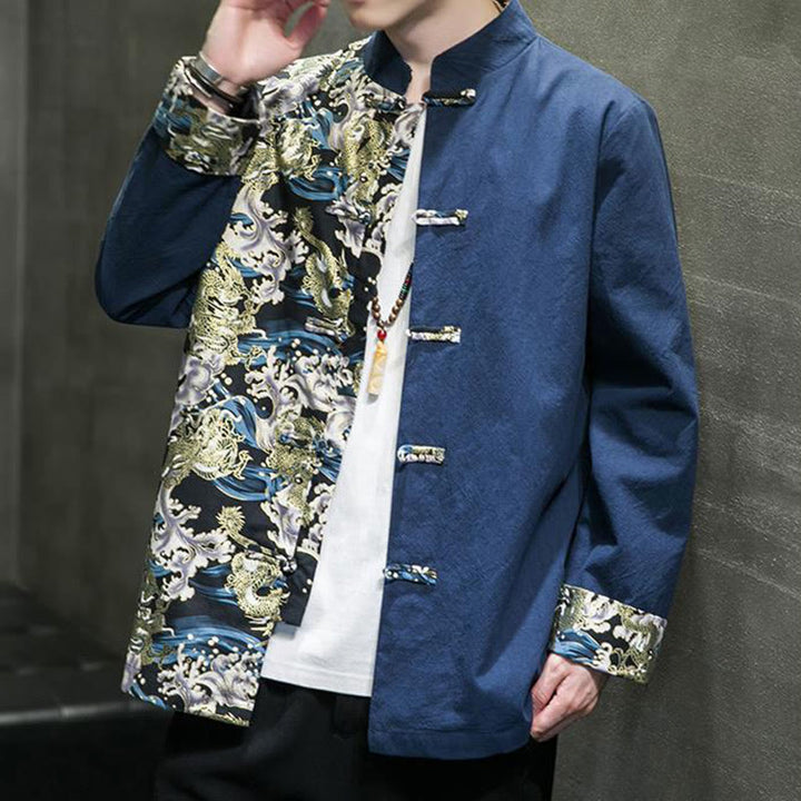 Buddha Stonesプリントカラーコントラストドラゴン柄フロッグボタン長袖メンズコットンジャケット - image 26