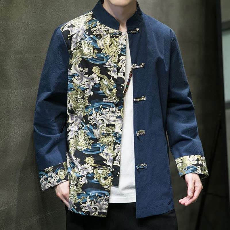 Buddha Stonesプリントカラーコントラストドラゴン柄フロッグボタン長袖メンズコットンジャケット - image 27