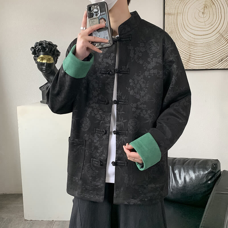 Buddha Stones秋 ジャカード 竹 カエルボタン 長袖 メンズ コットンジャケット ポケット付き - 黒 - US/UK/AU46、 EU56 (5XL) - image 5